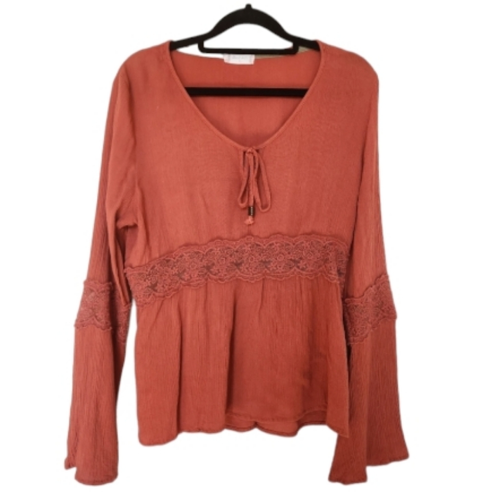 Altard State Boho Bell Long Sleeve Top Burnt Orange Lace Detail Tie Front Small